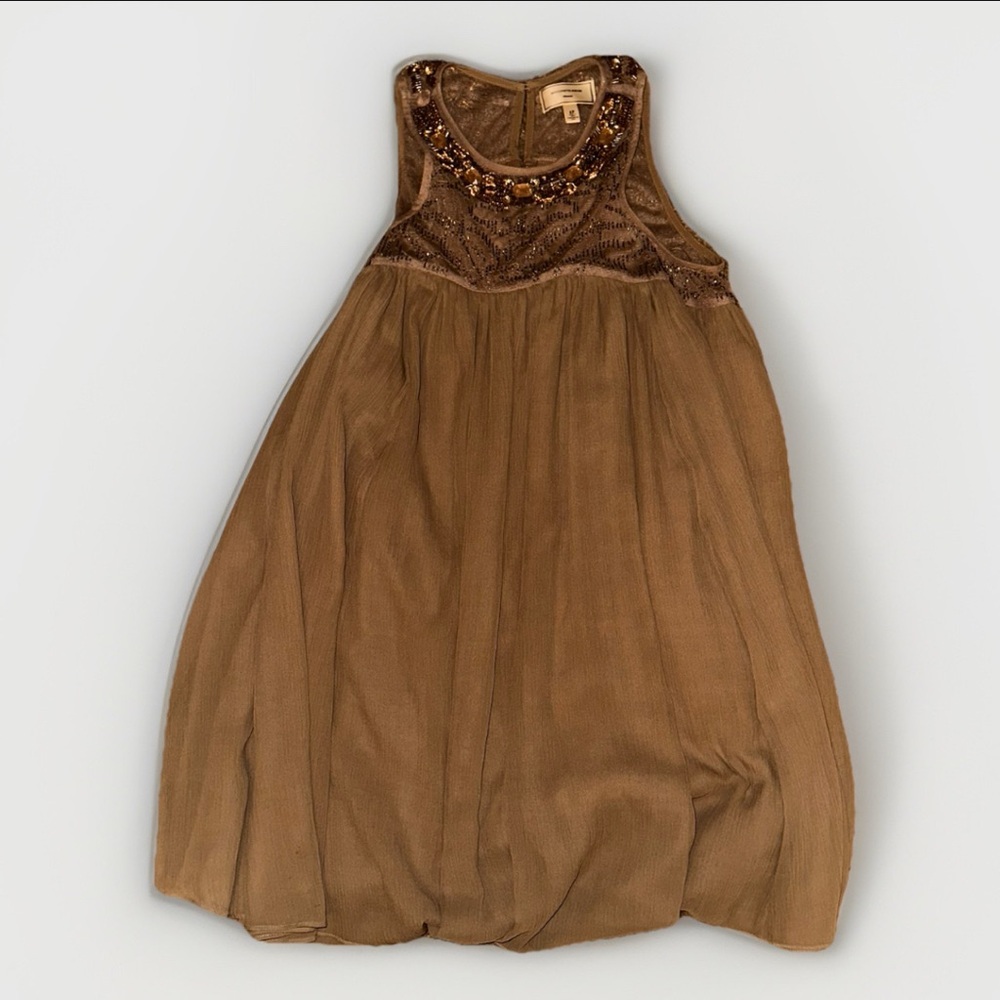 Moulinette Soeurs Anthropologie Dress Beaded Sequins Rhinestones Size 6P Taupe - Picture 2 of 8
